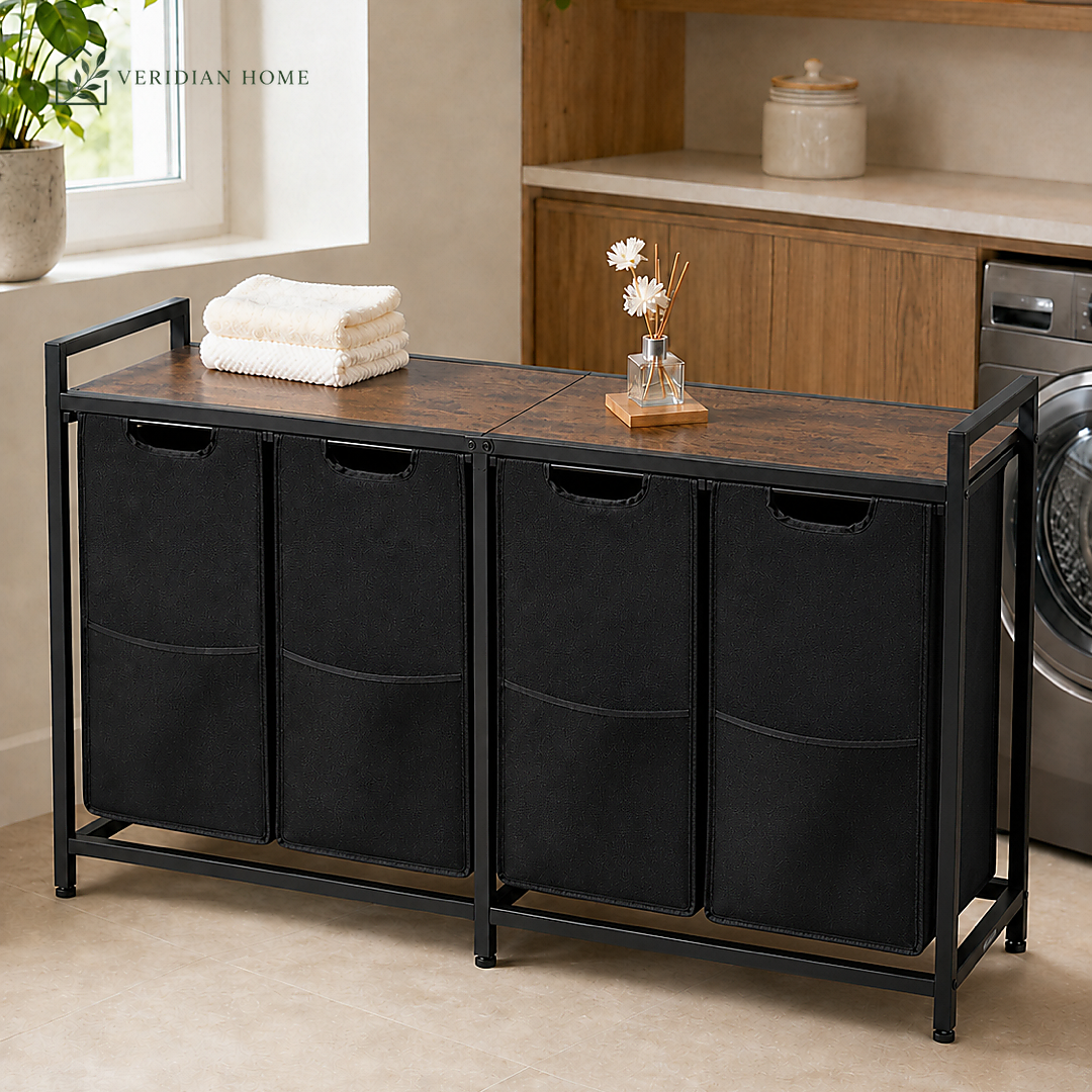 4-Section Laundry Sorter with Pull-Out Bags & Wood Top