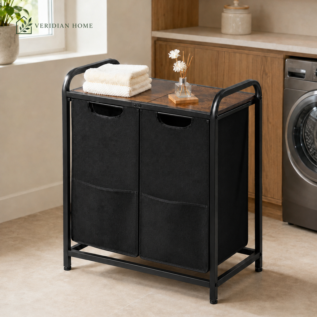 2-Section Laundry Sorter with Pull-Out Bags & Wood Top